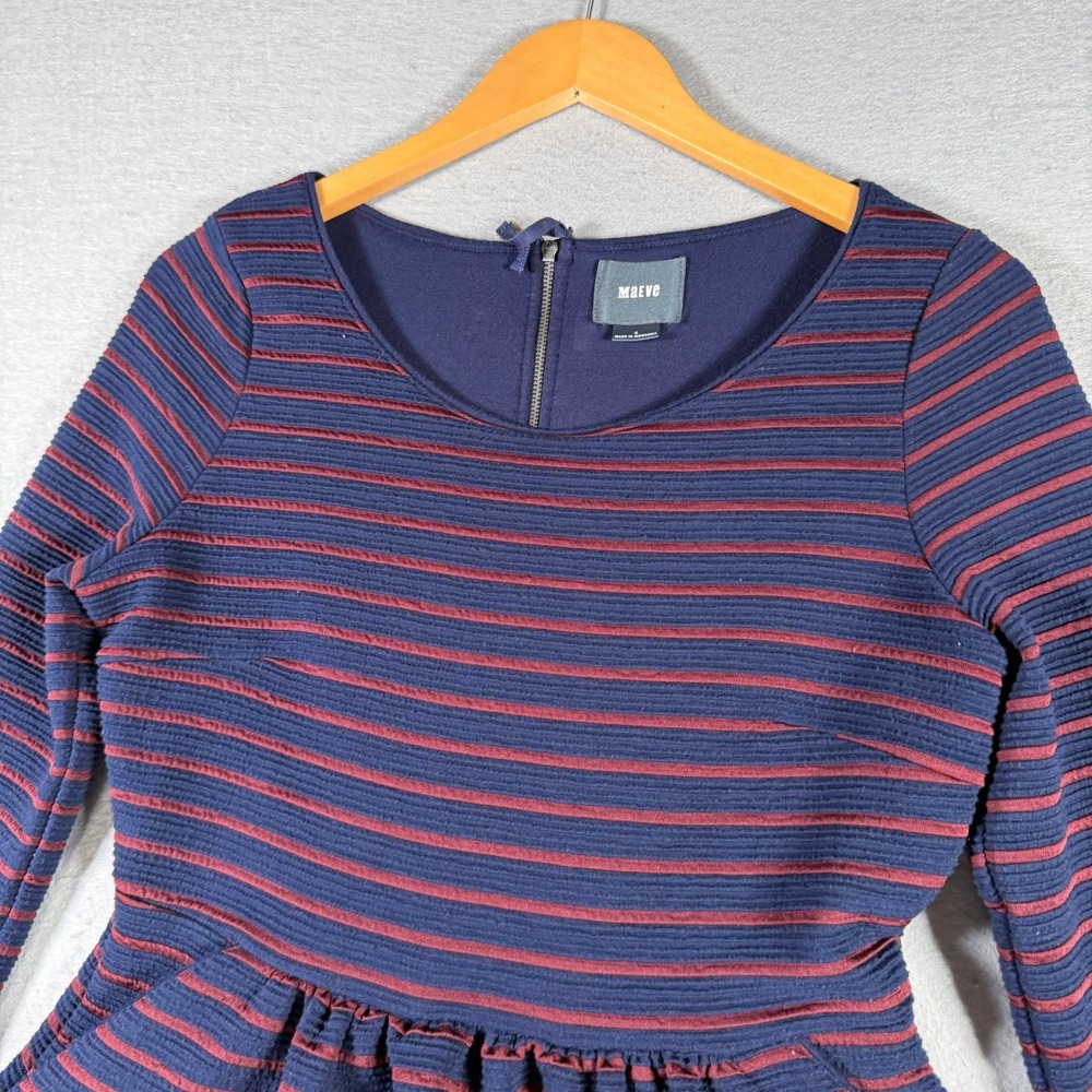Maeve Anthropologie Navy Burgundy Striped Fit Flare Dress Pockets 3/4 Sleeve 4 - Picture 4 of 13